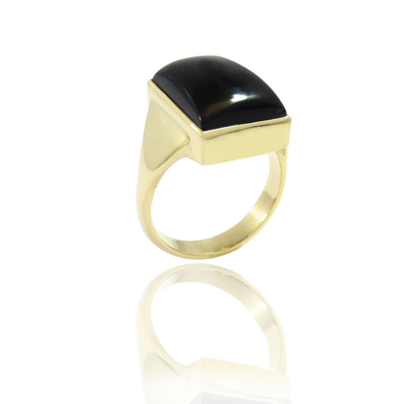 Gold plated ring with thin band and rectangular shaped Black Onyx stone.
